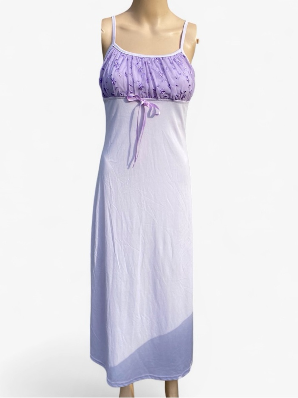 Vintage 90s Y2K Pastel Purple Lavender Floral Embroidery Midi/Maxi Dress Size S